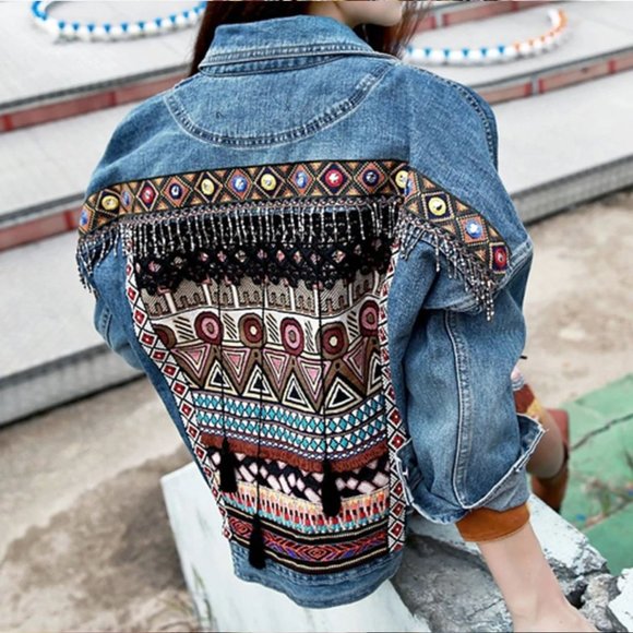 NWT Tribal Embroidered Boho Jean Jacket - Picture 3 of 6